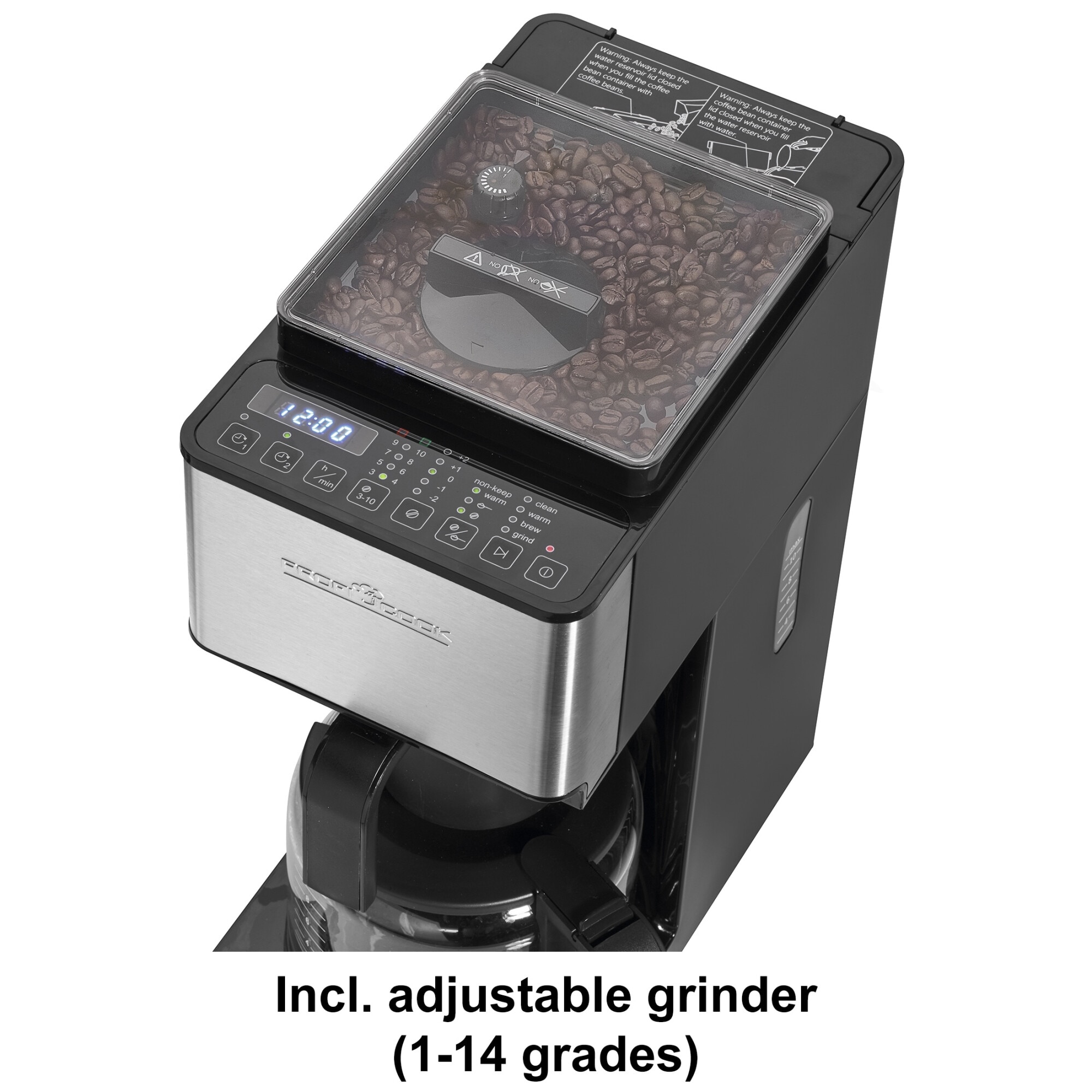 Cafetiera cu functie de macinare Proficook KA1138, 1.25 l, LED, 220-240 V, 50/60 Hz, 900 W, Negru/Argintiu