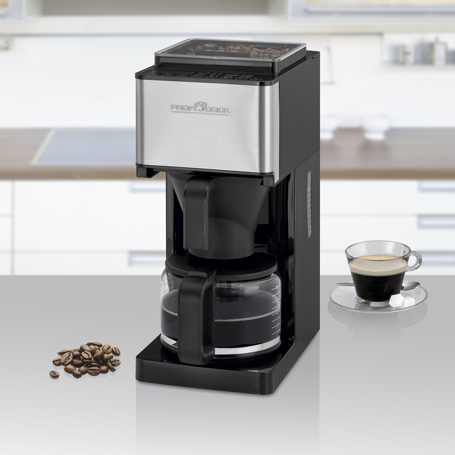 Cafetiera cu functie de macinare Proficook KA1138, 1.25 l, LED, 220-240 V, 50/60 Hz, 900 W, Negru/Argintiu