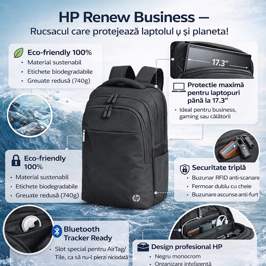 Rucsac Laptop HP Renew 17.3" Ecologic Ocean Plastic RFID Anti-Furt Tracker 740g Negru Business Premium