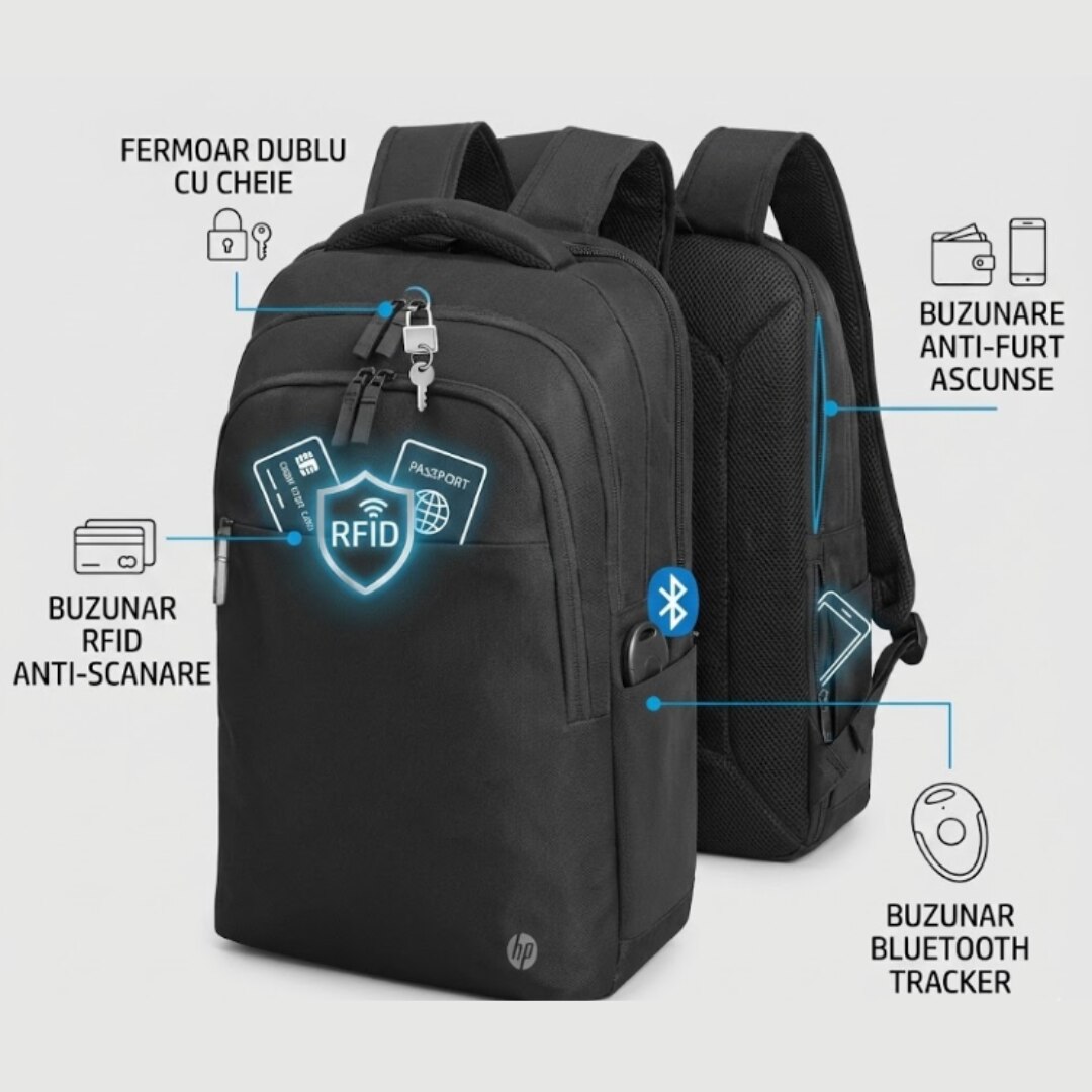 Rucsac Laptop HP Renew 17.3" Ecologic Ocean Plastic RFID Anti-Furt Tracker 740g Negru Business Premium
