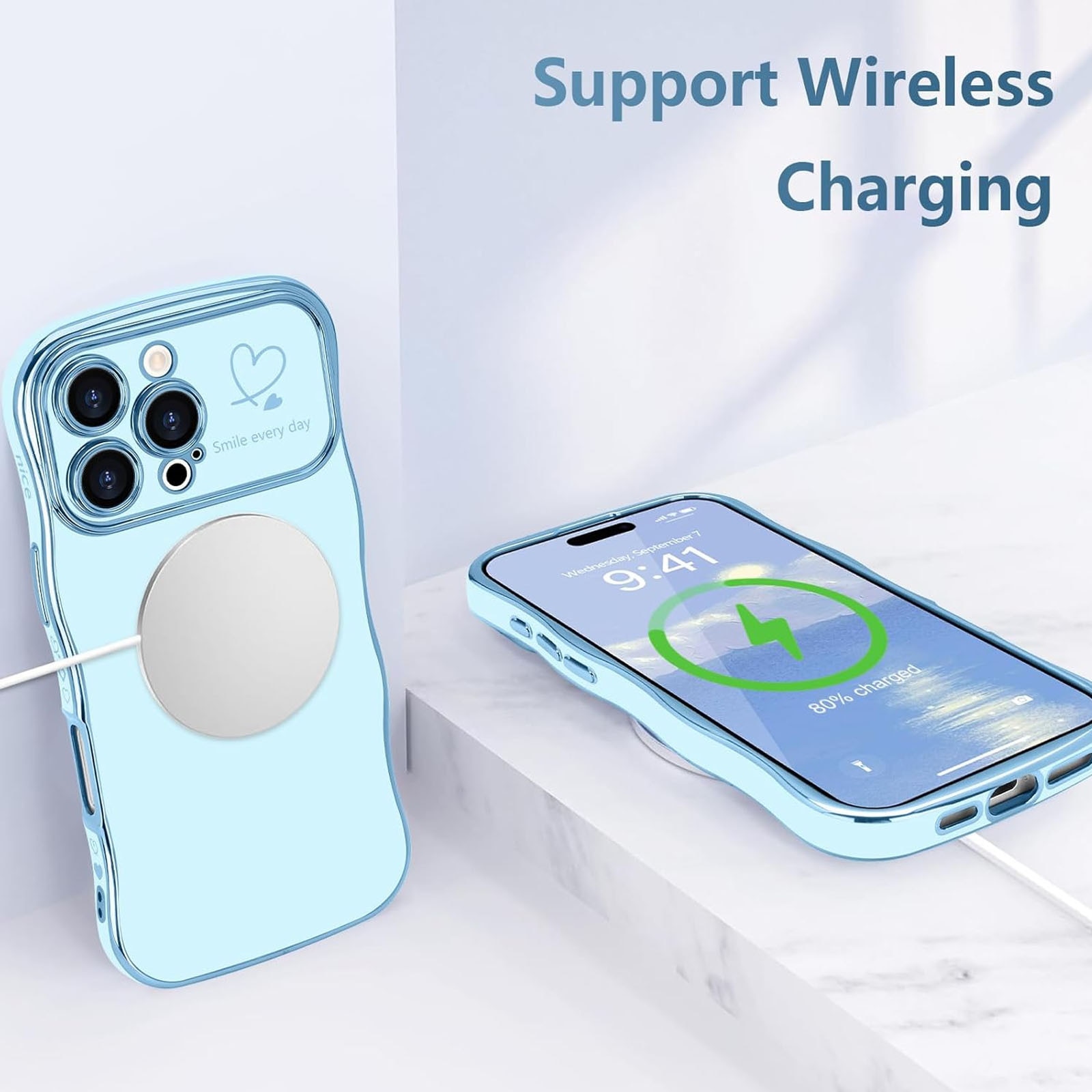 Husa telefon compatibila iPhone 15, Hggzeg, Husa protectie, Cadru ondulat, Cu model de inima de dragoste, Decupaje Precise, Protectie Camera, Anti alunecare, Rezistent la cadere, Antisoc, Usor de instalat, TPU, Violet