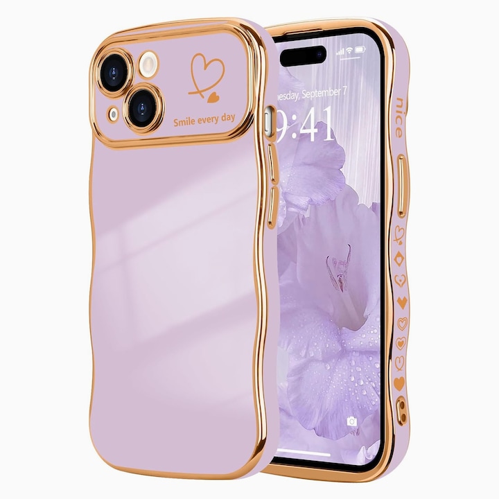 Husa telefon compatibila iPhone 15, Hggzeg, Husa protectie, Cadru ondulat, Cu model de inima de dragoste, Decupaje Precise, Protectie Camera, Anti alunecare, Rezistent la cadere, Antisoc, Usor de instalat, TPU, Violet