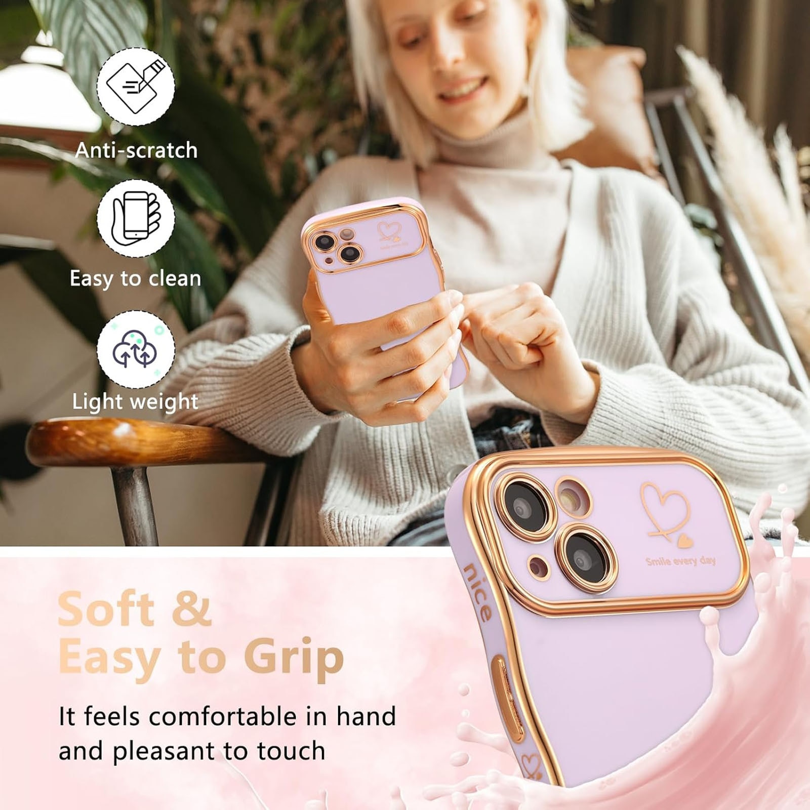 Husa telefon compatibila iPhone 15, Hggzeg, Husa protectie, Cadru ondulat, Cu model de inima de dragoste, Decupaje Precise, Protectie Camera, Anti alunecare, Rezistent la cadere, Antisoc, Usor de instalat, TPU, Violet
