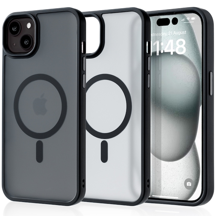 Husa compatibila cu Incarcare Magsafe pentru Apple iPhone 15 Plus, CASEY STUDIOS™, de Protectie, Slim, pentru Incarcare Wireless, Margini Ridicate pentru Protectia Ecranului si a Camerelor, Negru