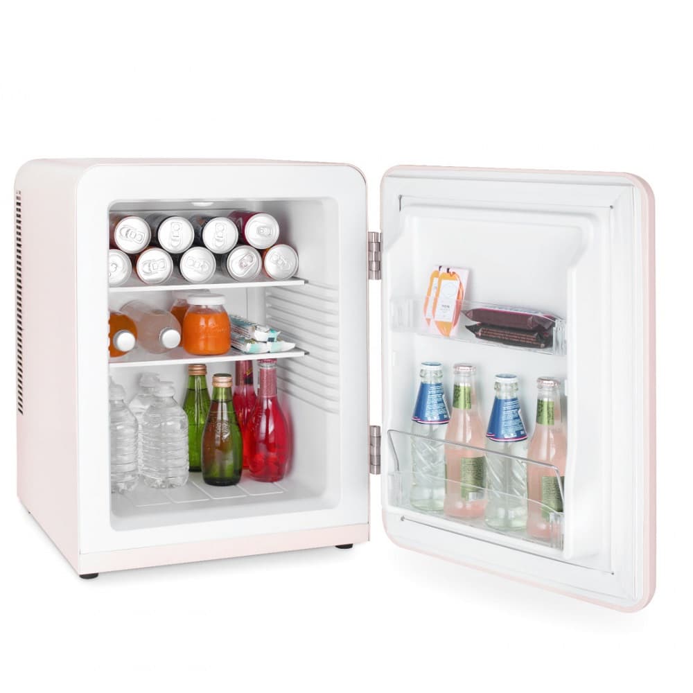 Mini frigider retro H.Koenig, TOAD6, H 54 cm, volum 31 litri, ideal pentru HoReCa, birou, rulota, temperatura reglabila 6 - 15°C, iluminare interioara LED, 2 rafturi ajustabile, 2 rafturi pe usa, silentios, maner cromat, roz pastel