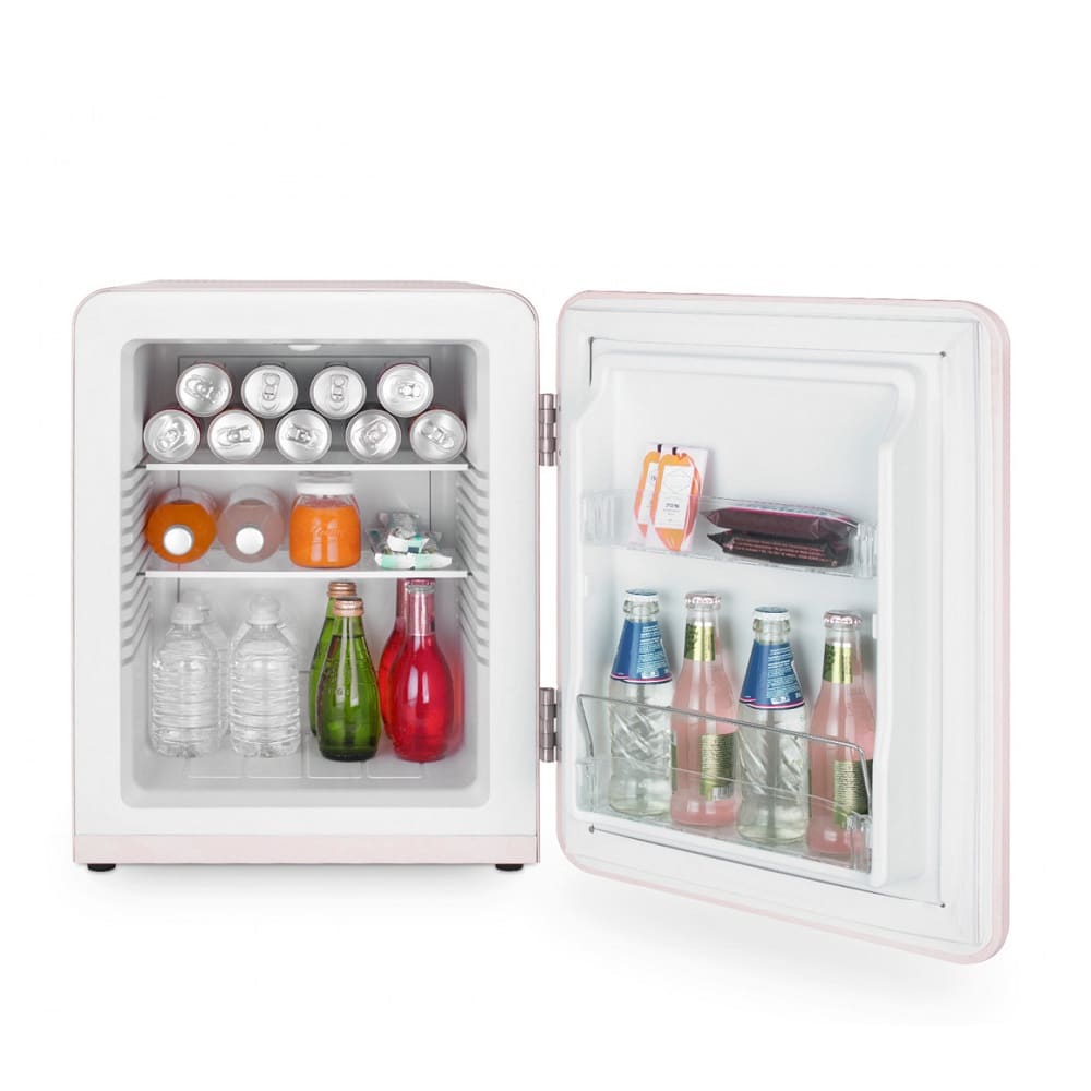 Mini frigider retro H.Koenig, TOAD6, H 54 cm, volum 31 litri, ideal pentru HoReCa, birou, rulota, temperatura reglabila 6 - 15°C, iluminare interioara LED, 2 rafturi ajustabile, 2 rafturi pe usa, silentios, maner cromat, roz pastel