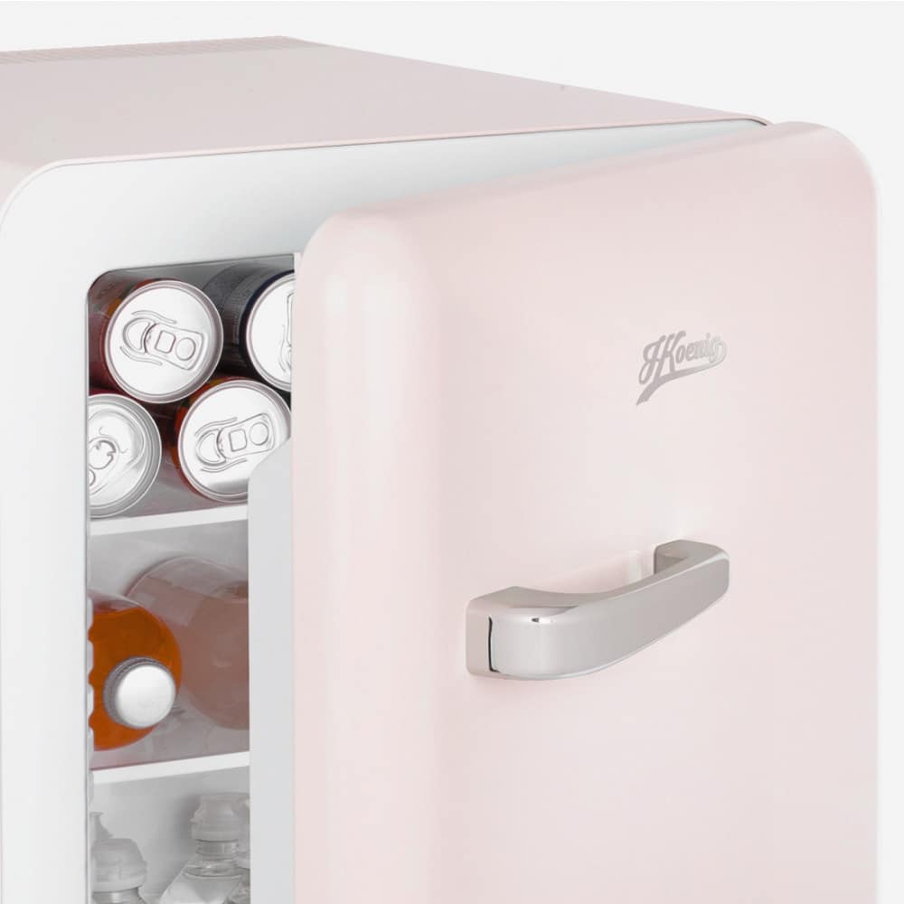 Mini frigider retro H.Koenig, TOAD6, H 54 cm, volum 31 litri, ideal pentru HoReCa, birou, rulota, temperatura reglabila 6 - 15°C, iluminare interioara LED, 2 rafturi ajustabile, 2 rafturi pe usa, silentios, maner cromat, roz pastel
