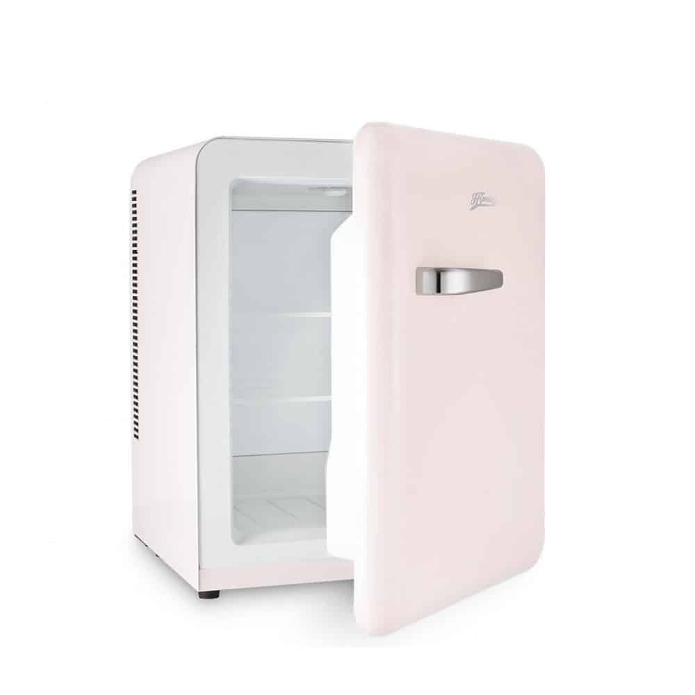 Mini frigider retro H.Koenig, TOAD6, H 54 cm, volum 31 litri, ideal pentru HoReCa, birou, rulota, temperatura reglabila 6 - 15°C, iluminare interioara LED, 2 rafturi ajustabile, 2 rafturi pe usa, silentios, maner cromat, roz pastel