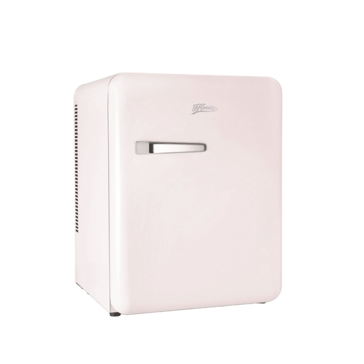 Mini frigider retro H.Koenig, TOAD6, H 54 cm, volum 31 litri, ideal pentru HoReCa, birou, rulota, temperatura reglabila 6 - 15°C, iluminare interioara LED, 2 rafturi ajustabile, 2 rafturi pe usa, silentios, maner cromat, roz pastel