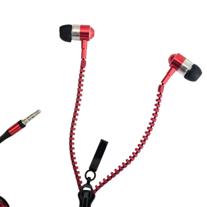 Casti Audio cu microfon Zipper Earphones, sunet puternic X-Bass, Rosu