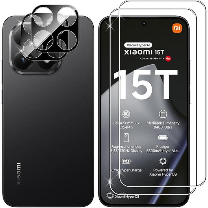 Set folie sticla securizata compatibile cu Xiaomi 15T 15T Pro, transparent negru, 0.33mm, 9H, 2+2 piese