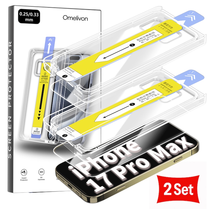 Set 2 Folii de protectie Omelivon, Compatibil cu iPhone 17 Pro Max, Sticla securizata, Transparent, 0,33mm