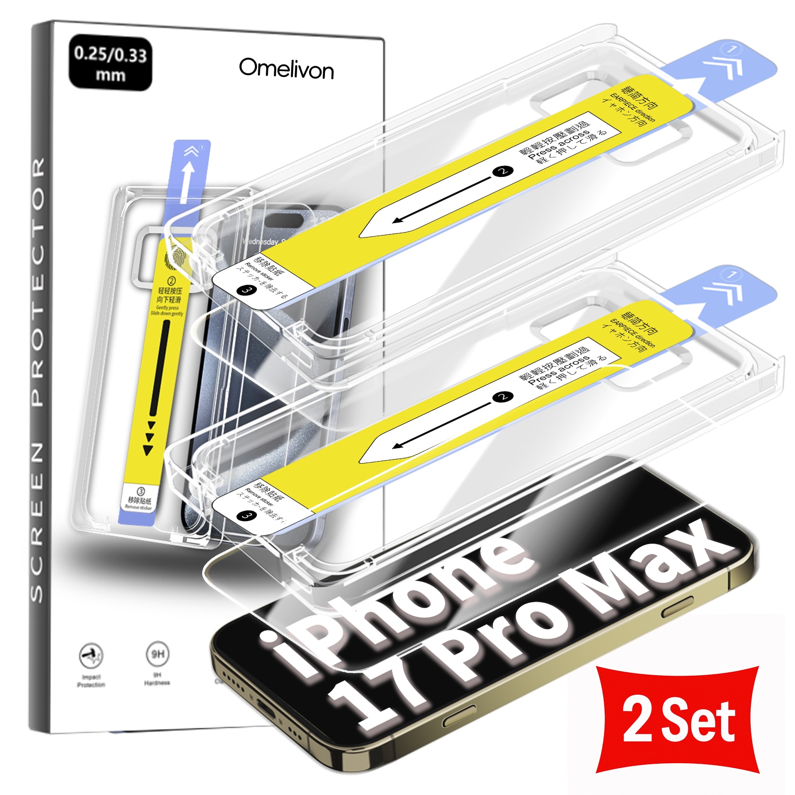 Set 2 Folii de protectie Omelivon, Compatibil cu iPhone 17 Pro Max, Sticla securizata, Transparent, 0,33mm