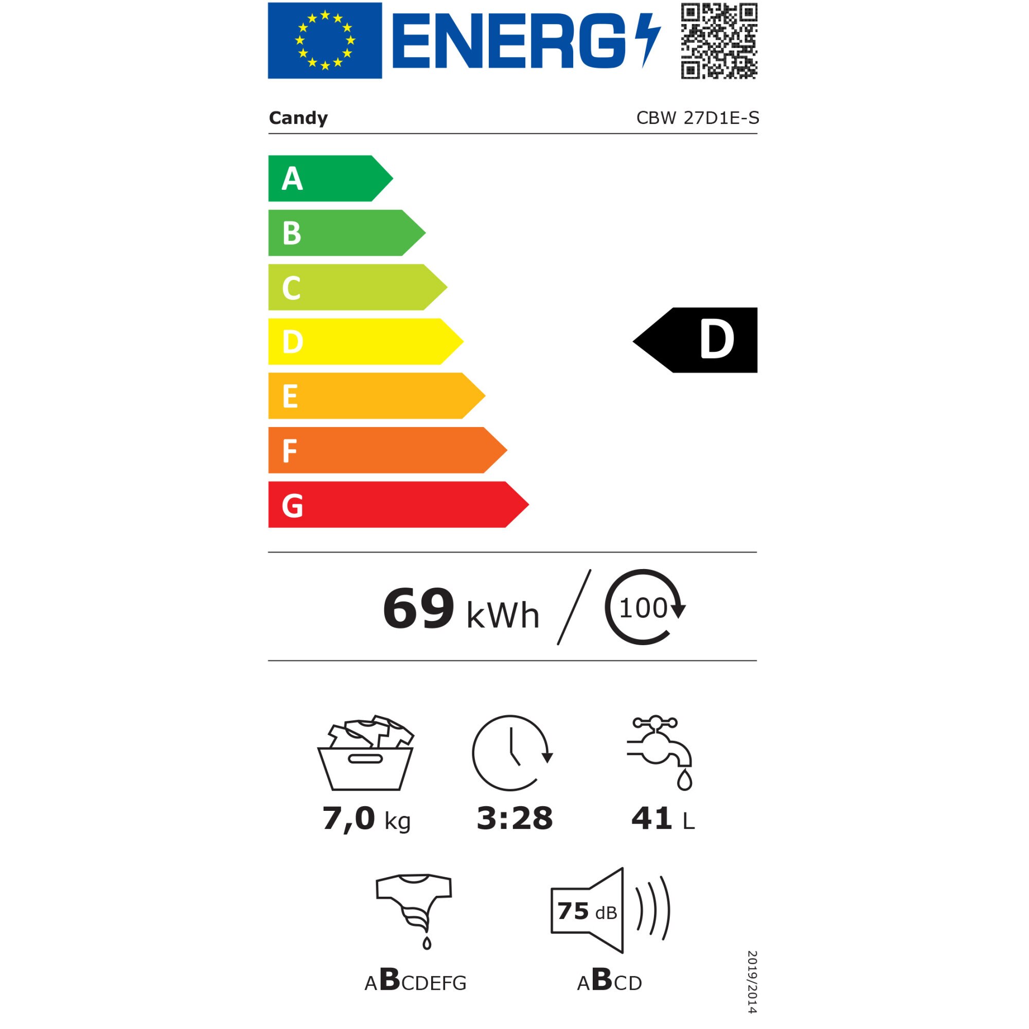 Masina de spalat rufe incorporabila Candy CBW 27D1E-S, 7kg, 1200 rpm, 16 progame, Timer display, Clasa D