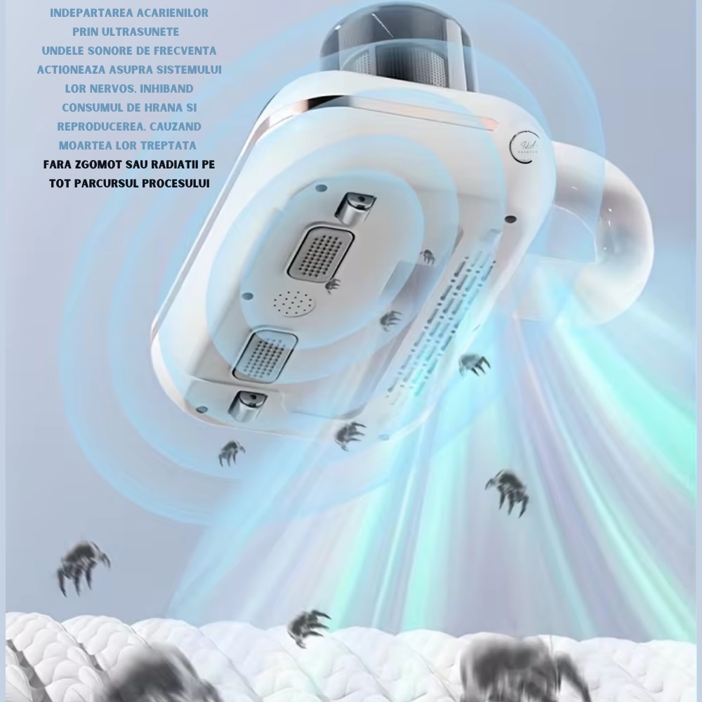 Aspirator de Mana Ila Product® cu Tehnologie UV si Ultrasonica, Wireless, pentru Combaterea Acarienilor si Plosnitelor, Aspirare Profunda a Paturilor, Canapelelor si Hainelor, Igienizare Eficienta, Cupe Duble de Colectare a Prafului, Afisaj Inteligent