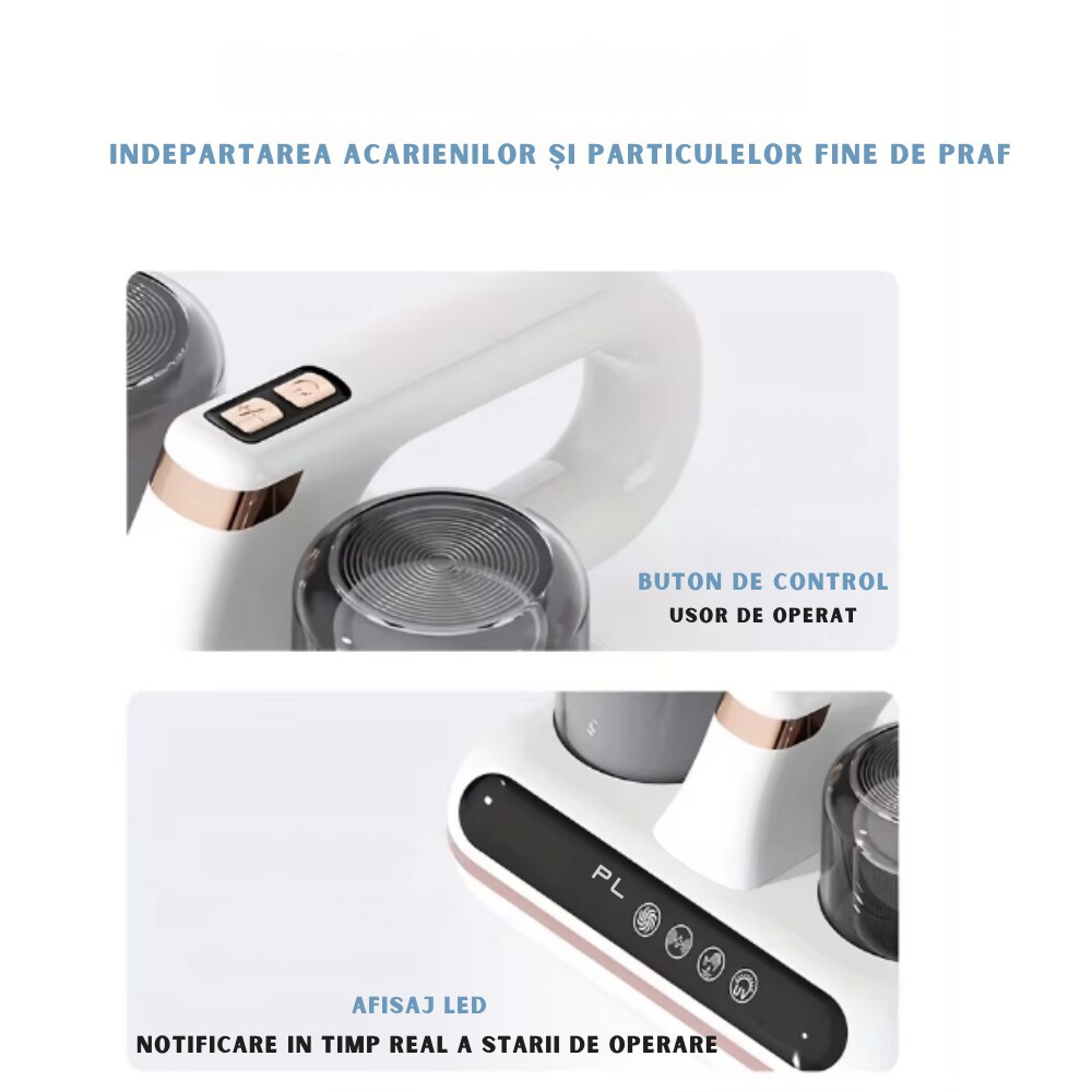 Aspirator de Mana Ila Product® cu Tehnologie UV si Ultrasonica, Wireless, pentru Combaterea Acarienilor si Plosnitelor, Aspirare Profunda a Paturilor, Canapelelor si Hainelor, Igienizare Eficienta, Cupe Duble de Colectare a Prafului, Afisaj Inteligent