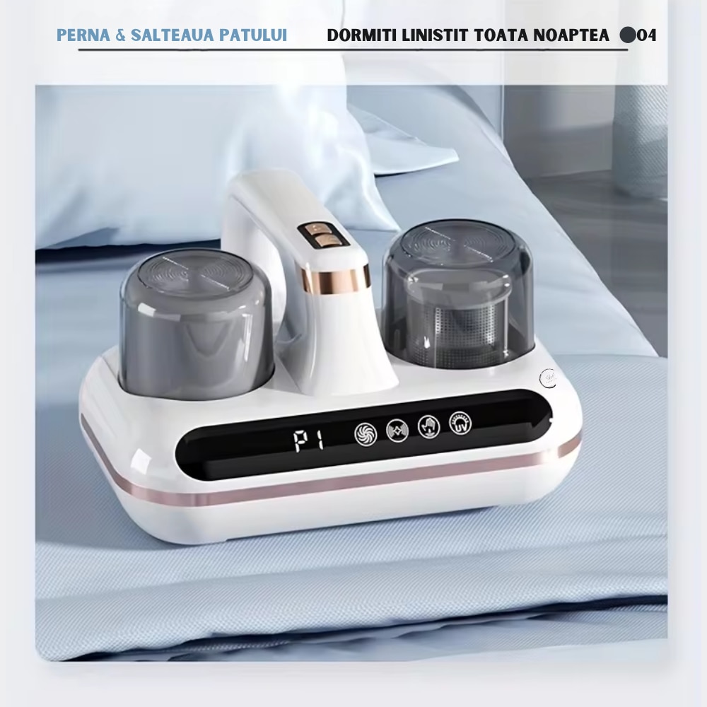 Aspirator de Mana Ila Product® cu Tehnologie UV si Ultrasonica, Wireless, pentru Combaterea Acarienilor si Plosnitelor, Aspirare Profunda a Paturilor, Canapelelor si Hainelor, Igienizare Eficienta, Cupe Duble de Colectare a Prafului, Afisaj Inteligent