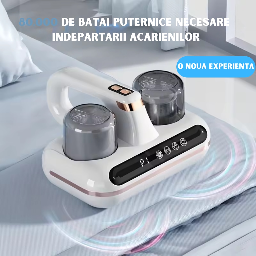 Aspirator de Mana Ila Product® cu Tehnologie UV si Ultrasonica, Wireless, pentru Combaterea Acarienilor si Plosnitelor, Aspirare Profunda a Paturilor, Canapelelor si Hainelor, Igienizare Eficienta, Cupe Duble de Colectare a Prafului, Afisaj Inteligent
