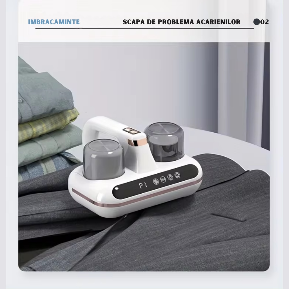 Aspirator de Mana Ila Product® cu Tehnologie UV si Ultrasonica, Wireless, pentru Combaterea Acarienilor si Plosnitelor, Aspirare Profunda a Paturilor, Canapelelor si Hainelor, Igienizare Eficienta, Cupe Duble de Colectare a Prafului, Afisaj Inteligent