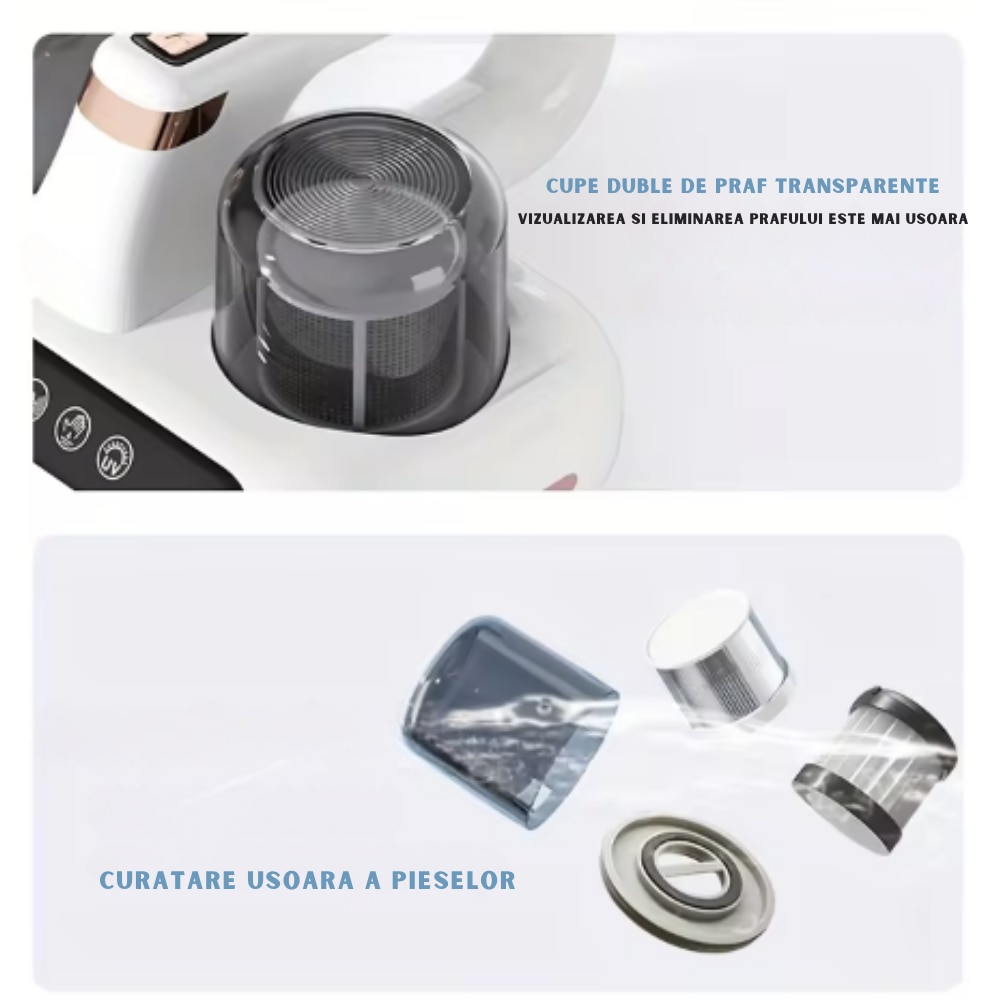 Aspirator de Mana Ila Product® cu Tehnologie UV si Ultrasonica, Wireless, pentru Combaterea Acarienilor si Plosnitelor, Aspirare Profunda a Paturilor, Canapelelor si Hainelor, Igienizare Eficienta, Cupe Duble de Colectare a Prafului, Afisaj Inteligent