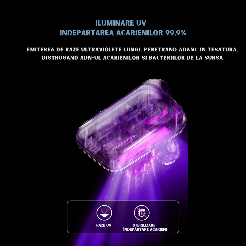 Aspirator de Mana Ila Product® cu Tehnologie UV si Ultrasonica, Wireless, pentru Combaterea Acarienilor si Plosnitelor, Aspirare Profunda a Paturilor, Canapelelor si Hainelor, Igienizare Eficienta, Cupe Duble de Colectare a Prafului, Afisaj Inteligent