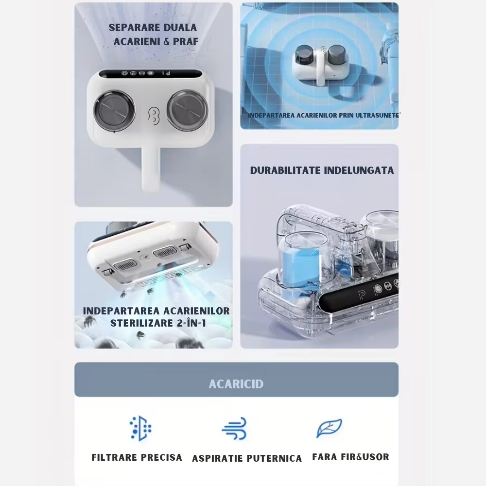 Aspirator de Mana Ila Product® cu Tehnologie UV si Ultrasonica, Wireless, pentru Combaterea Acarienilor si Plosnitelor, Aspirare Profunda a Paturilor, Canapelelor si Hainelor, Igienizare Eficienta, Cupe Duble de Colectare a Prafului, Afisaj Inteligent
