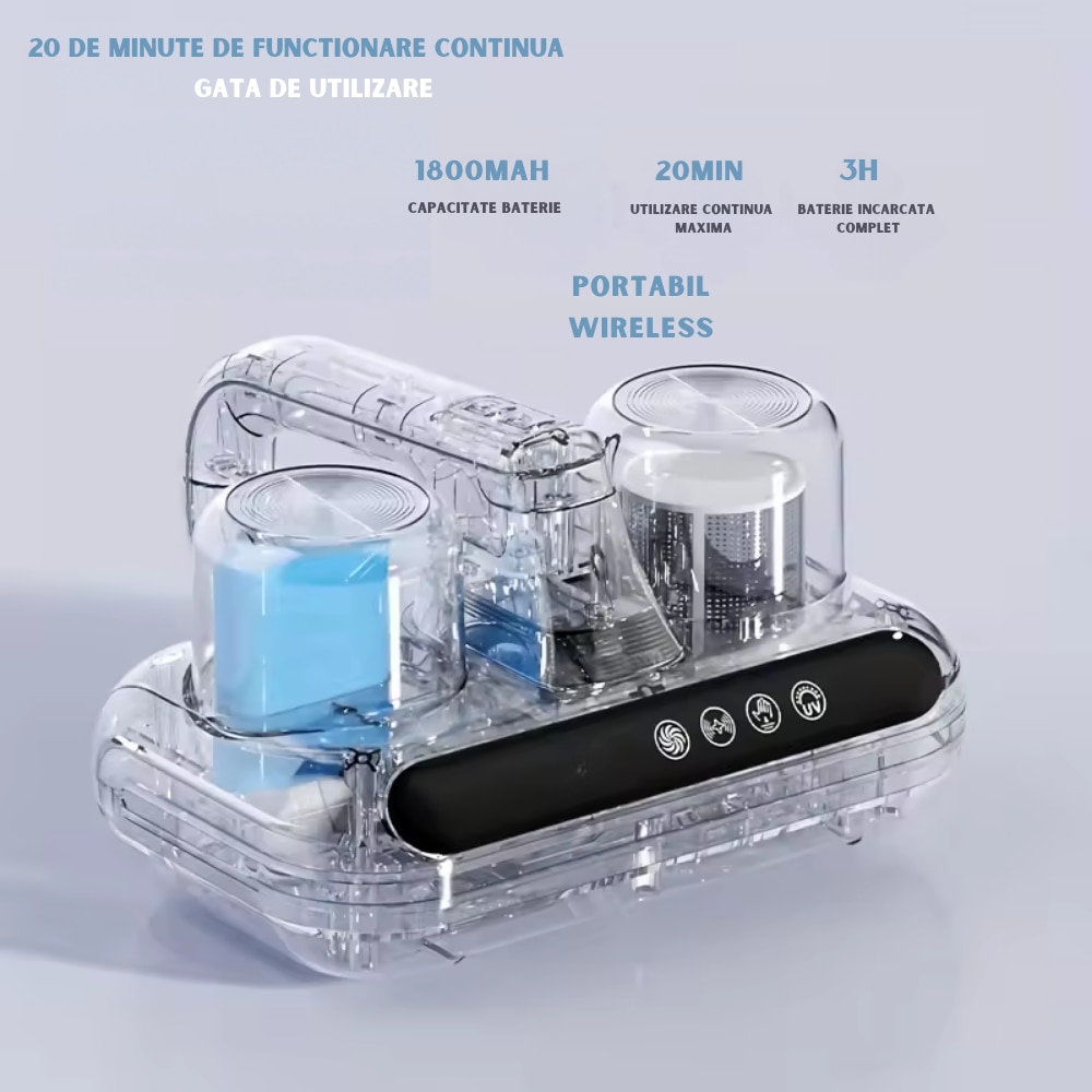 Aspirator de Mana Ila Product® cu Tehnologie UV si Ultrasonica, Wireless, pentru Combaterea Acarienilor si Plosnitelor, Aspirare Profunda a Paturilor, Canapelelor si Hainelor, Igienizare Eficienta, Cupe Duble de Colectare a Prafului, Afisaj Inteligent