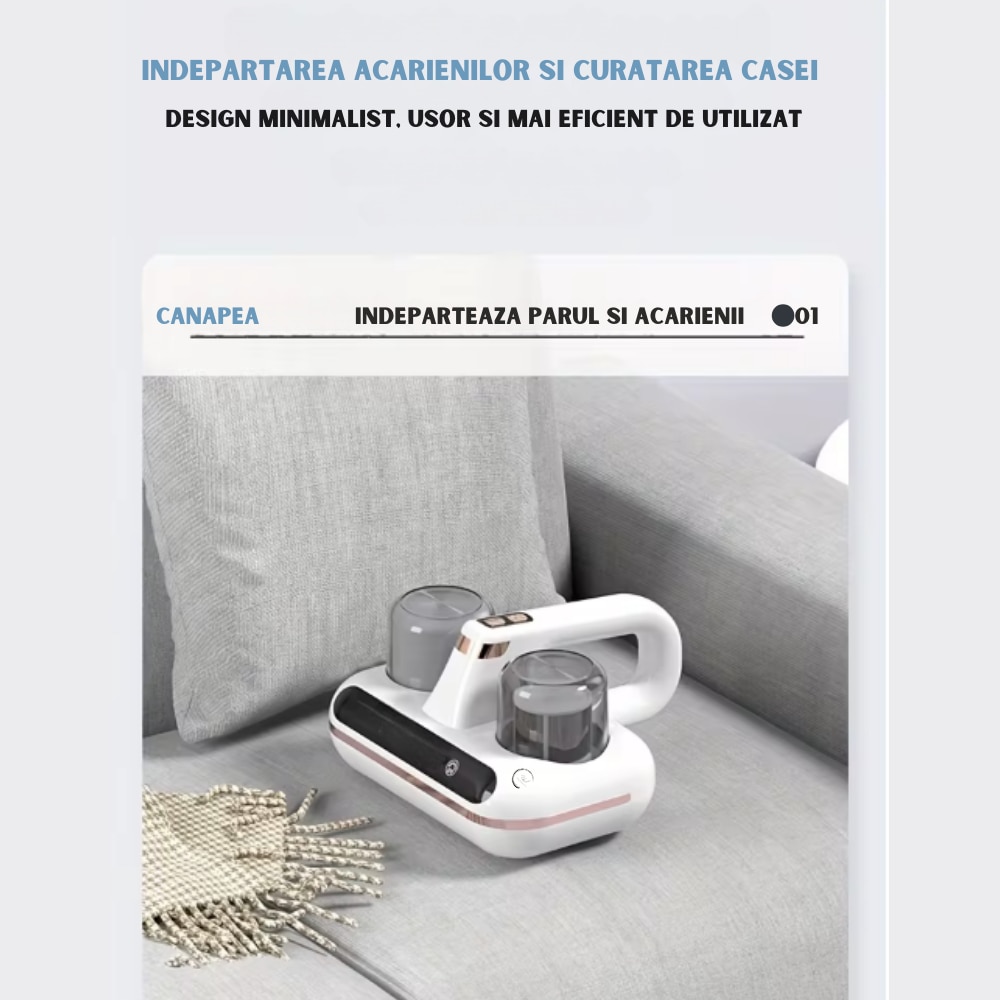 Aspirator de Mana Ila Product® cu Tehnologie UV si Ultrasonica, Wireless, pentru Combaterea Acarienilor si Plosnitelor, Aspirare Profunda a Paturilor, Canapelelor si Hainelor, Igienizare Eficienta, Cupe Duble de Colectare a Prafului, Afisaj Inteligent
