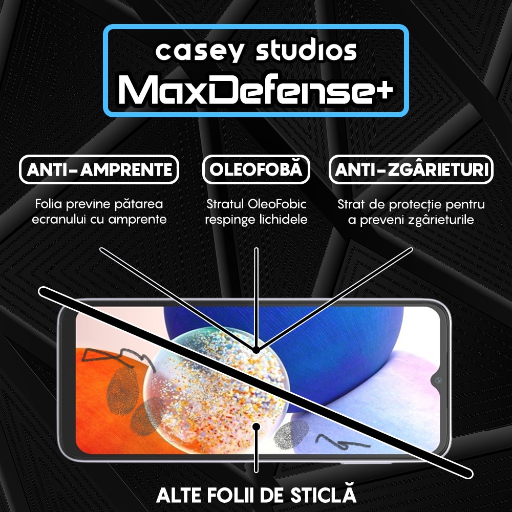 Folie Sticla CASEY STUDIOS™ compatibila cu Samsung Galaxy A14 5G, Full Cover 3D, Full Glue, Duritate Militara, Ultra HD, Anti Zgarieturi, Anti Amprente, Anti Socuri, Margini Negre