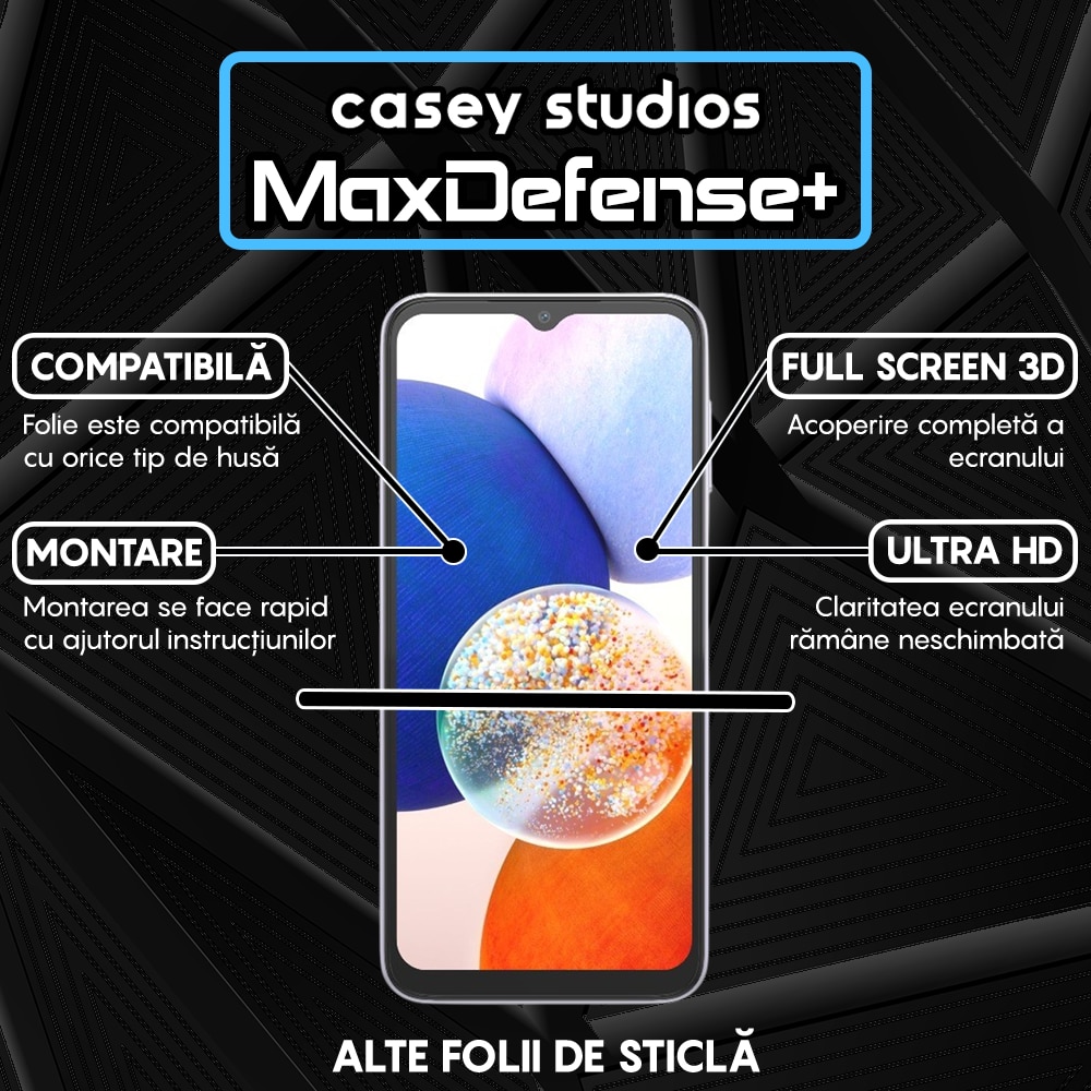 Folie Sticla CASEY STUDIOS™ compatibila cu Samsung Galaxy A14 5G, Full Cover 3D, Full Glue, Duritate Militara, Ultra HD, Anti Zgarieturi, Anti Amprente, Anti Socuri, Margini Negre