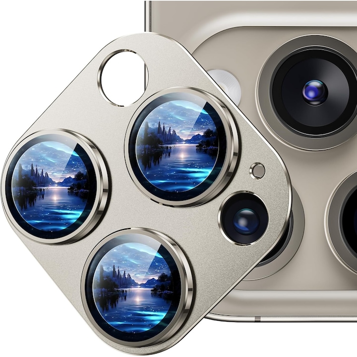 Carcasa Metalica Mata cu Folie din Sticla Securizata pentru Protectia Camerelor Foto, Compatibil iPhone 15 Pro si iPhone 15 Pro Max, Natural Titanium