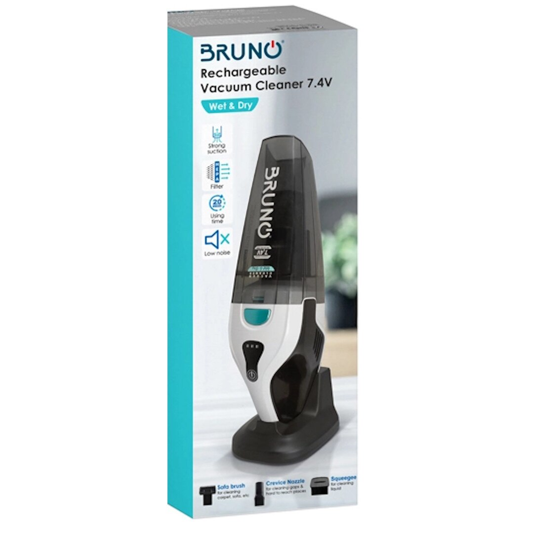 Aspirator de mana Bruno BRN-0131, 7, 4 V, Wet & Dry, 0.5 L, filtru HEPA, Autonomie 20 min, 2200 mah, Li-Ion, Negru