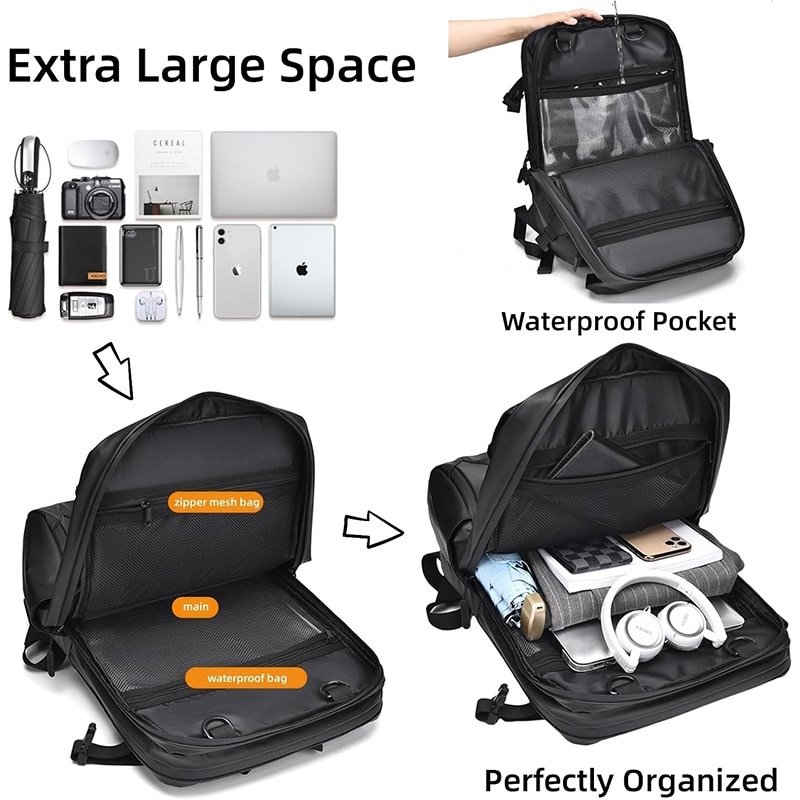 Rucsac Calatorie pentru Laptop, EYUSALL, 1 compartimente, buzunar frontal x 1, buzunar lateral x 2, Rezistent la apa, Rezistent la zgarieturi, 15.6 inch, 28 x 14 x 44 cm, Negru