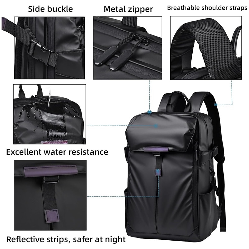 Rucsac Calatorie pentru Laptop, EYUSALL, 1 compartimente, buzunar frontal x 1, buzunar lateral x 2, Rezistent la apa, Rezistent la zgarieturi, 15.6 inch, 28 x 14 x 44 cm, Negru