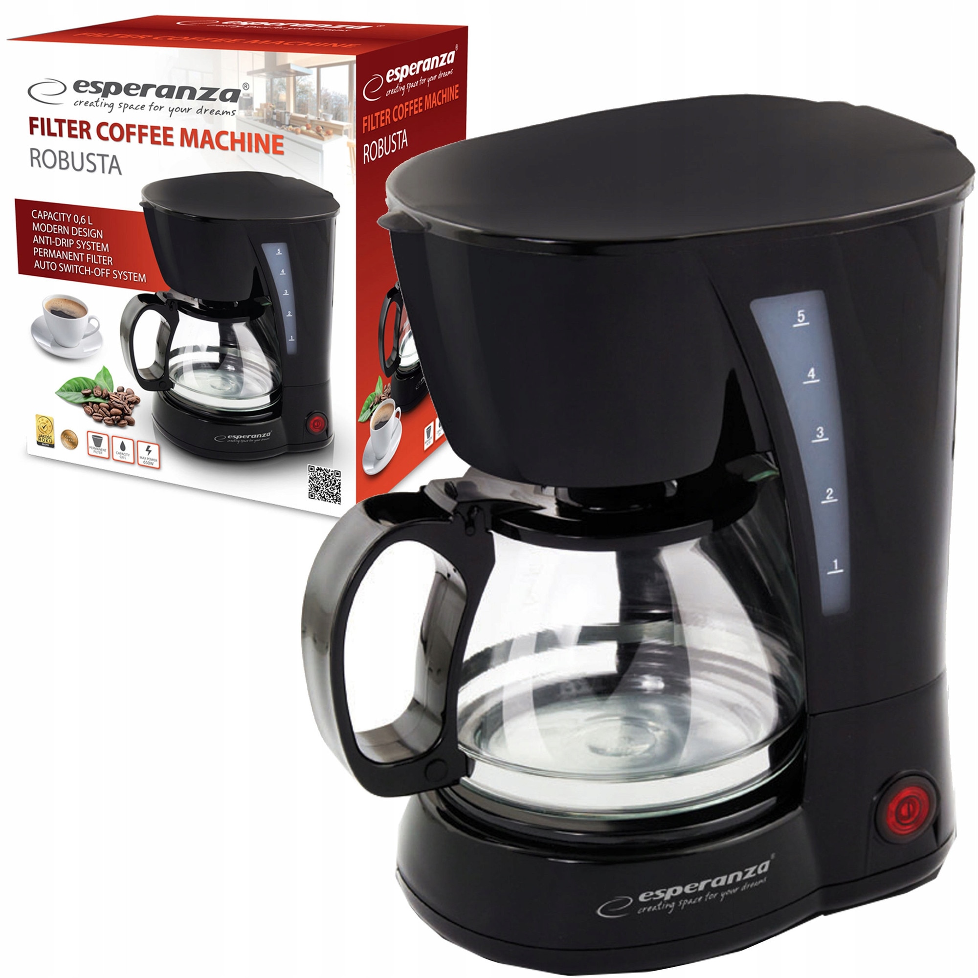 Cafetiere Esperanza Robusta 0,6l, negru, automata, cu functie de oprire automata