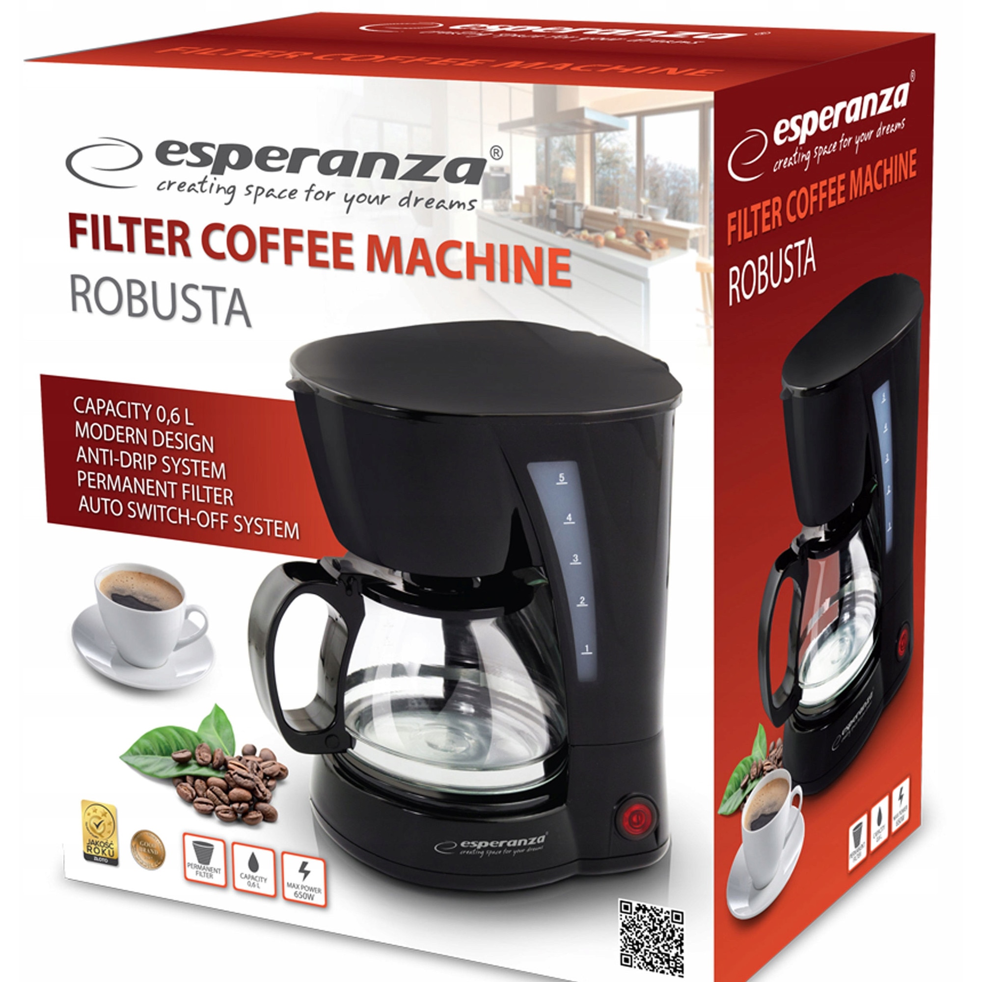 Cafetiere Esperanza Robusta 0,6l, negru, automata, cu functie de oprire automata