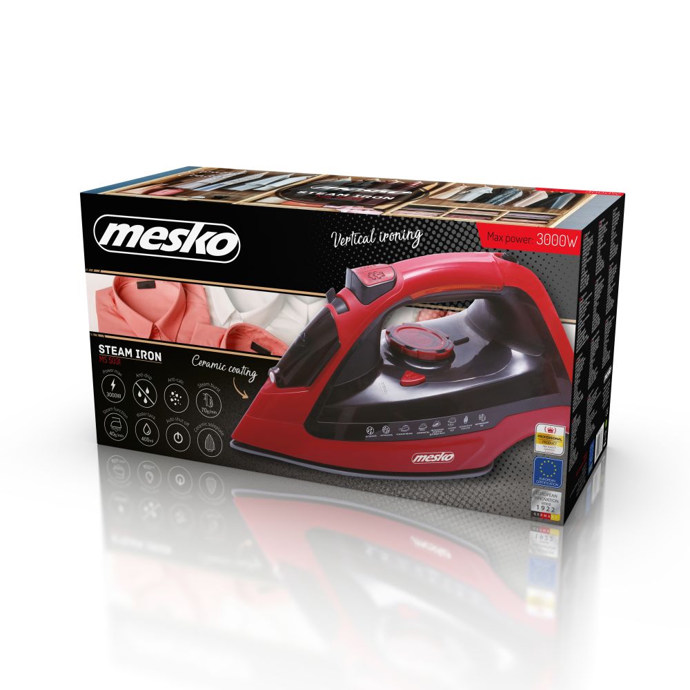 Fier de calcat cu abur MESKO, 3000 W, 70g/min, 400ml, Oprire automata, Functie anti-picurare si auto-curatare, rosu/negru