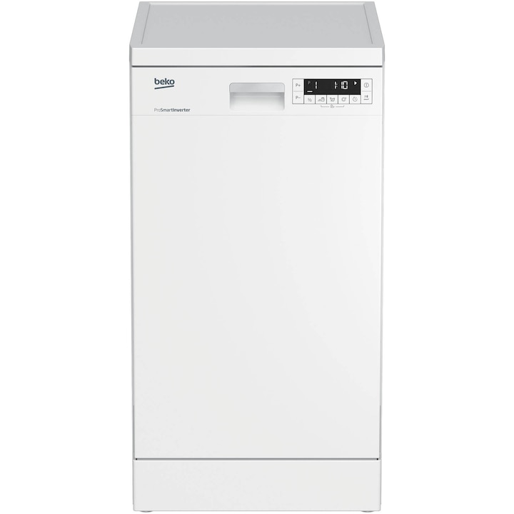 Masina de spalat vase Beko DFS26024W 10 seturi, 6 programe, Clasa E, Motor ProSmart Inverter, Fast+, HalfLoad, SuperRinse, Quick&Clean, AutoGlassShield, 45 cm, Alb