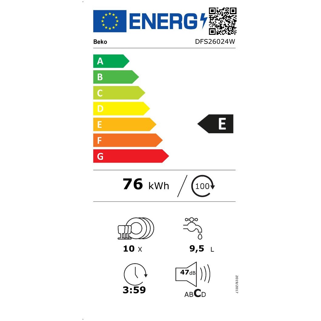 Masina de spalat vase Beko DFS26024W 10 seturi, 6 programe, Clasa E, Motor ProSmart Inverter, Fast+, HalfLoad, SuperRinse, Quick&Clean, AutoGlassShield, 45 cm, Alb