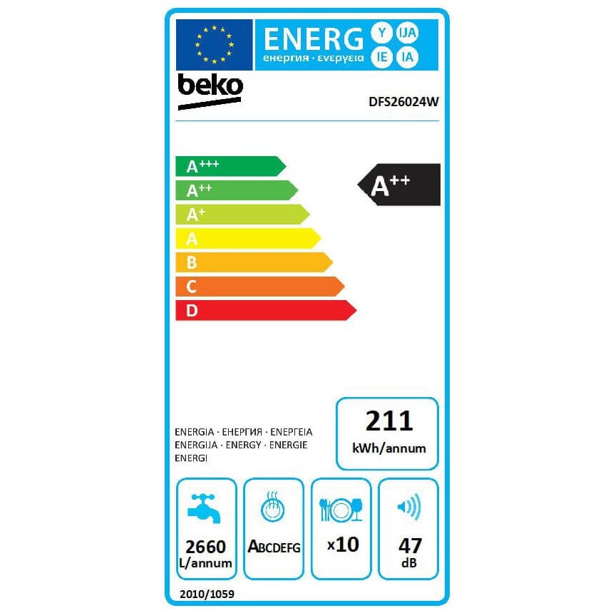 Masina de spalat vase Beko DFS26024W 10 seturi, 6 programe, Clasa E, Motor ProSmart Inverter, Fast+, HalfLoad, SuperRinse, Quick&Clean, AutoGlassShield, 45 cm, Alb