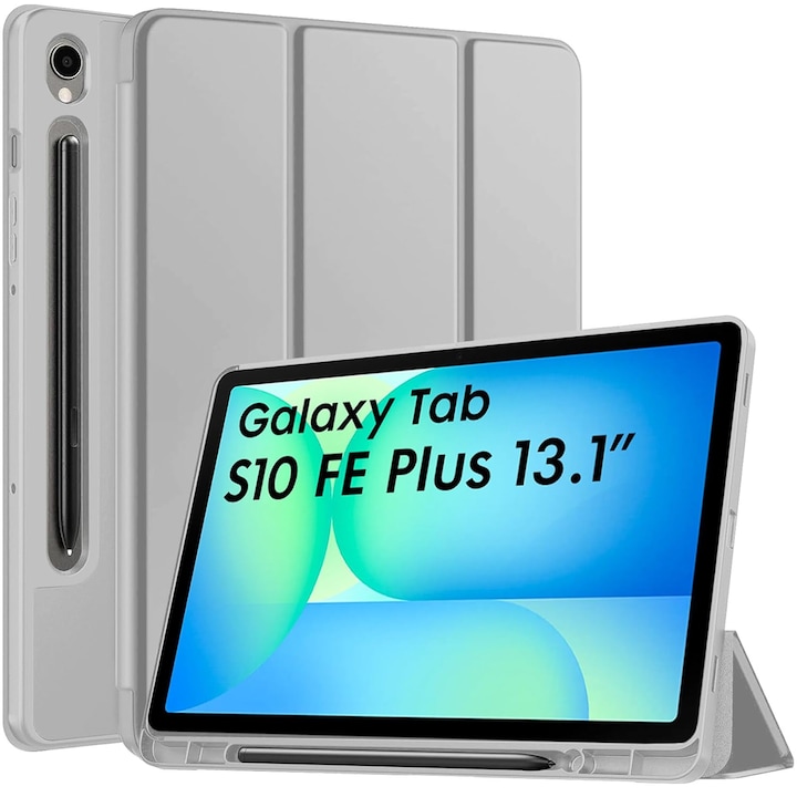 Husa pentru Samsung Galaxy Tab S10 FE+ Plus 13.1 inch Soft Shell cu functie wake-up/sleep si compartiment pentru stylus tip stand - Gri