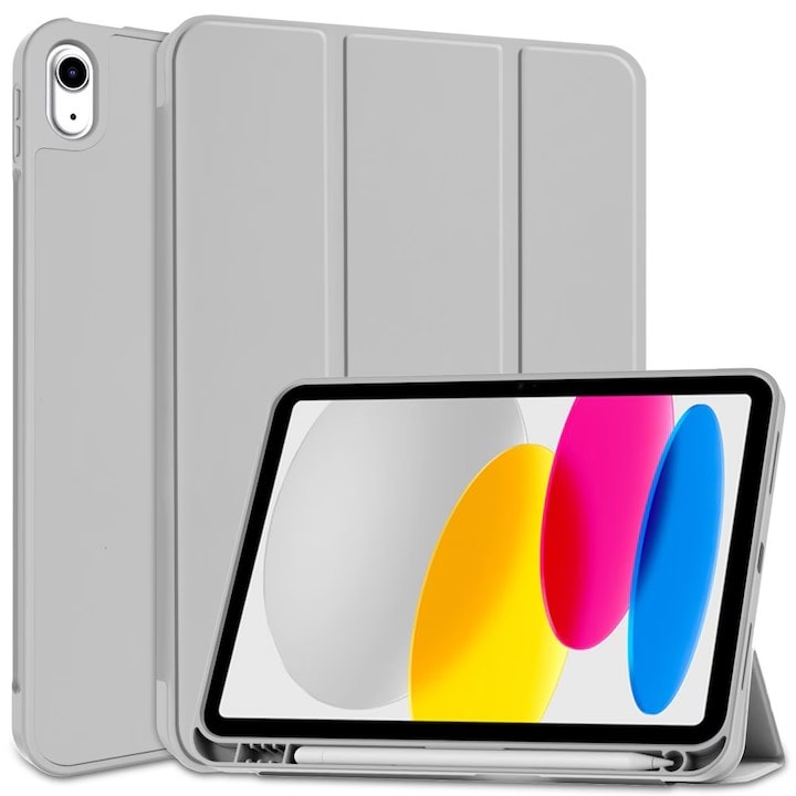 Husa de protectie pentru iPad (A16) 11 generatie de 11 inch 2025, husa pentru iPad 10 generatie de 10, 9 inch 2022, cu suport pentru stilou, husa inteligenta cu suport pliabil in trei, husa spate ultra-subtire din TPU moale, Gri