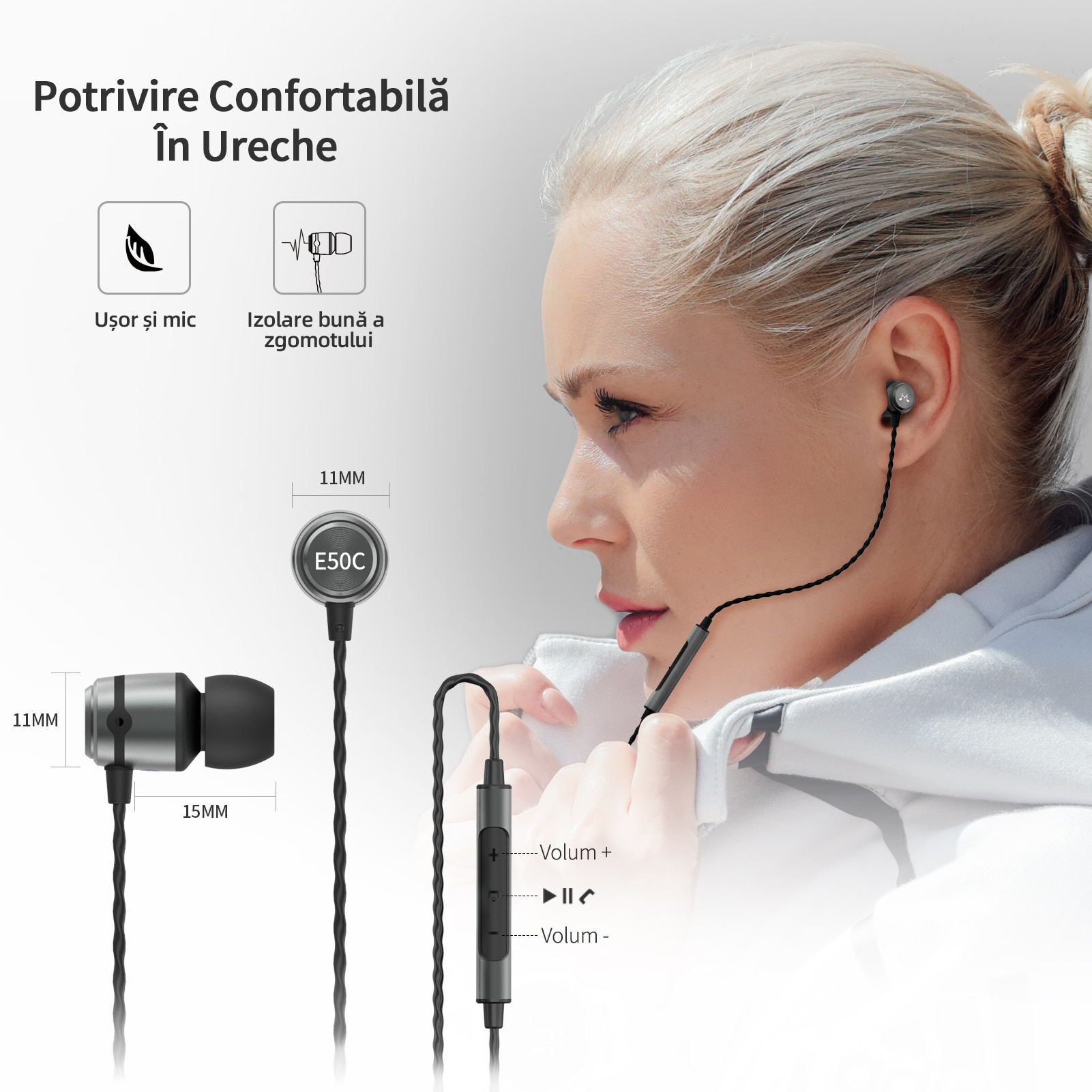 Casti SoundMAGIC E50C cu fir in-ear cu microfon, performanta imbunatatita la bas, calitate audio de inalta definitie, mufa audio de 3,5mm, compatibil cu telefoane/calculatoare/tablete, pistol negru