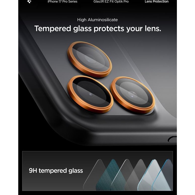 Set 2 folii sticla Spigen Glass tR EZ Fit Optik Pro, Sistem Montare, compatibila cu iPhone 14 Pro/Pro Max, 15 Pro/Pro Max, 16 Pro/Pro Max, 17 Pro/Pro Max, Portocaliu