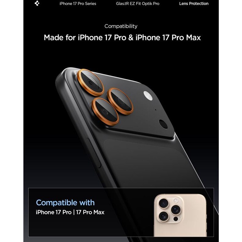 Set 2 folii sticla Spigen Glass tR EZ Fit Optik Pro, Sistem Montare, compatibila cu iPhone 14 Pro/Pro Max, 15 Pro/Pro Max, 16 Pro/Pro Max, 17 Pro/Pro Max, Portocaliu