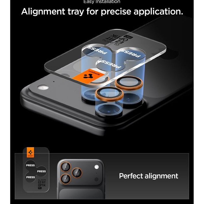 Set 2 folii sticla Spigen Glass tR EZ Fit Optik Pro, Sistem Montare, compatibila cu iPhone 14 Pro/Pro Max, 15 Pro/Pro Max, 16 Pro/Pro Max, 17 Pro/Pro Max, Portocaliu