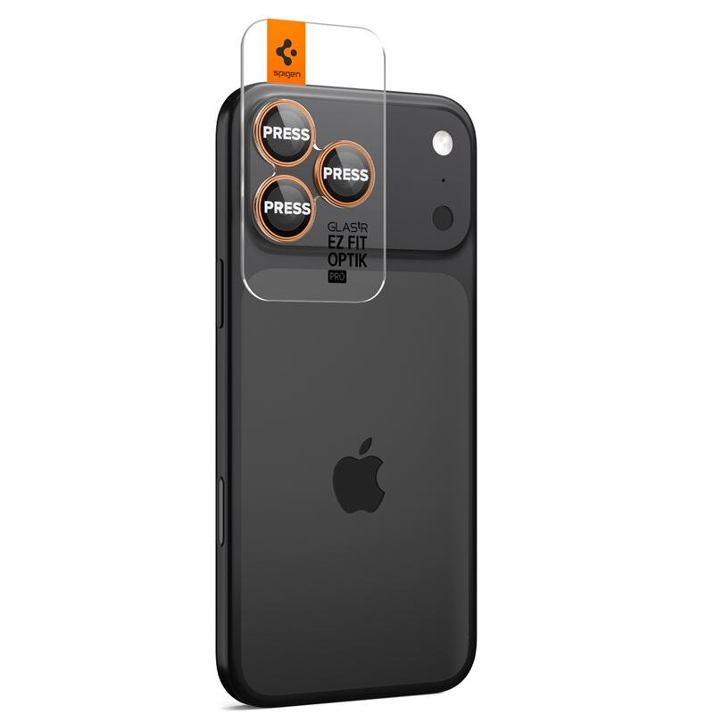 Set 2 folii sticla Spigen Glass tR EZ Fit Optik Pro, Sistem Montare, compatibila cu iPhone 14 Pro/Pro Max, 15 Pro/Pro Max, 16 Pro/Pro Max, 17 Pro/Pro Max, Portocaliu