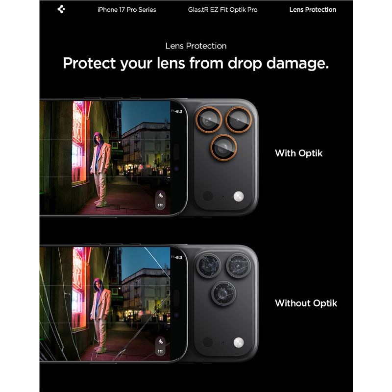 Set 2 folii sticla Spigen Glass tR EZ Fit Optik Pro, Sistem Montare, compatibila cu iPhone 14 Pro/Pro Max, 15 Pro/Pro Max, 16 Pro/Pro Max, 17 Pro/Pro Max, Portocaliu