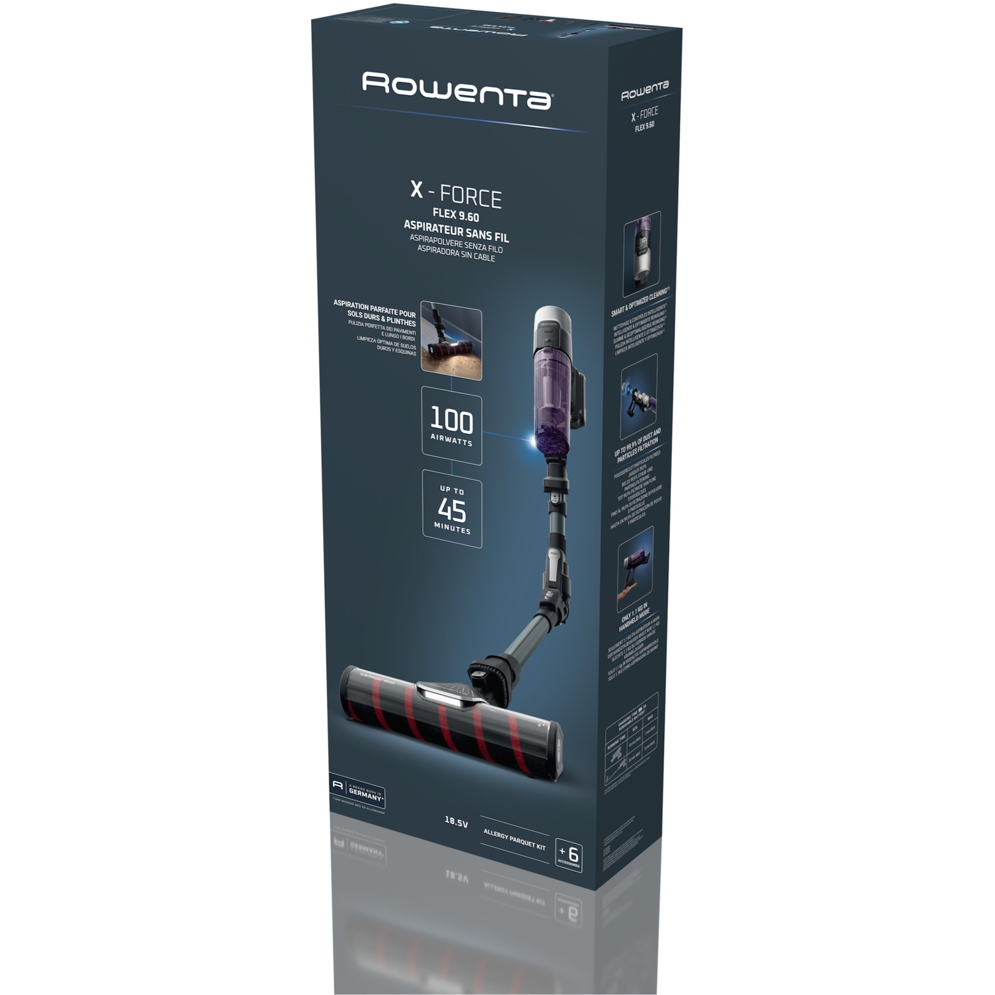 Aspirator vertical Rowenta X-Force Flex 9.60 Allergy RH2048WO, 250W, 100 air watts, 45 minute autonomie, iluminare LED, functie Boost, 3 trepte de putere, statie de incarcare, negru & violet