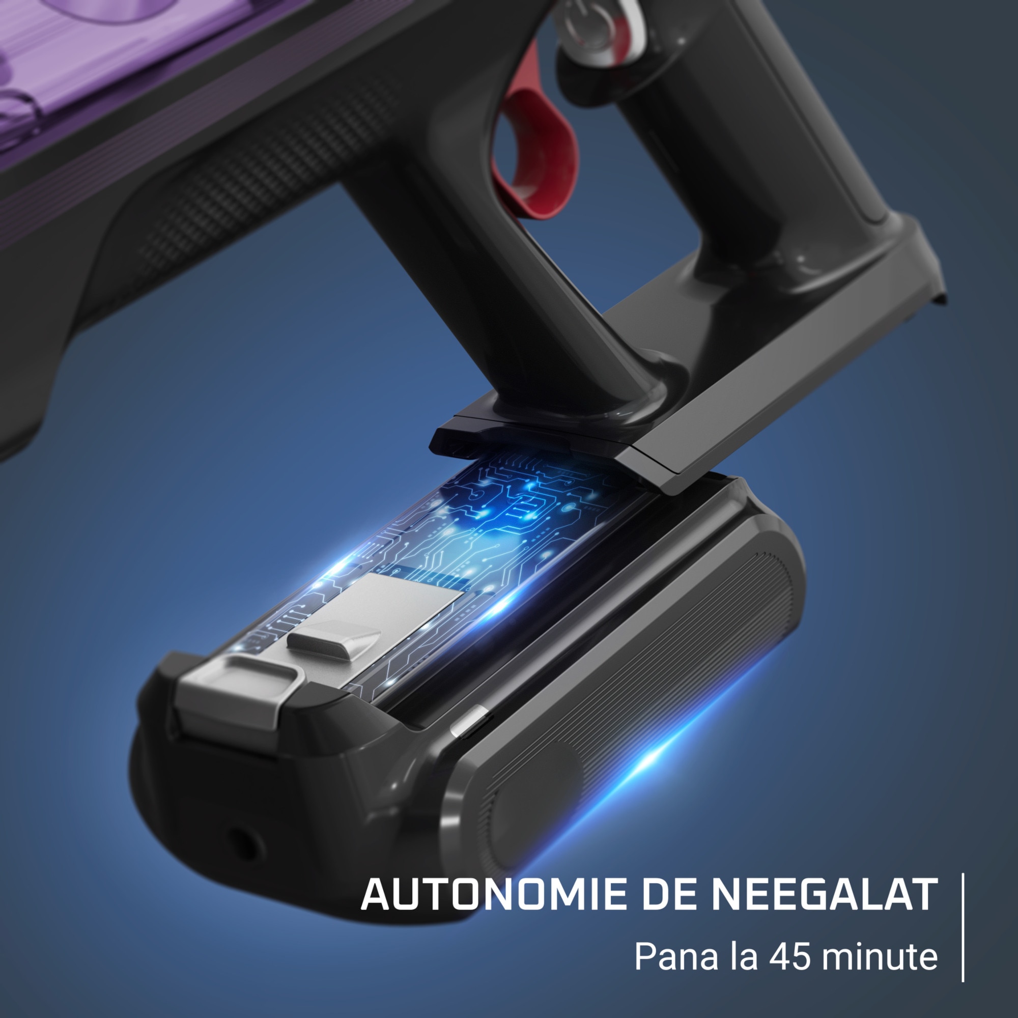 Aspirator vertical Rowenta X-Force Flex 9.60 Allergy RH2048WO, 250W, 100 air watts, 45 minute autonomie, iluminare LED, functie Boost, 3 trepte de putere, statie de incarcare, negru & violet